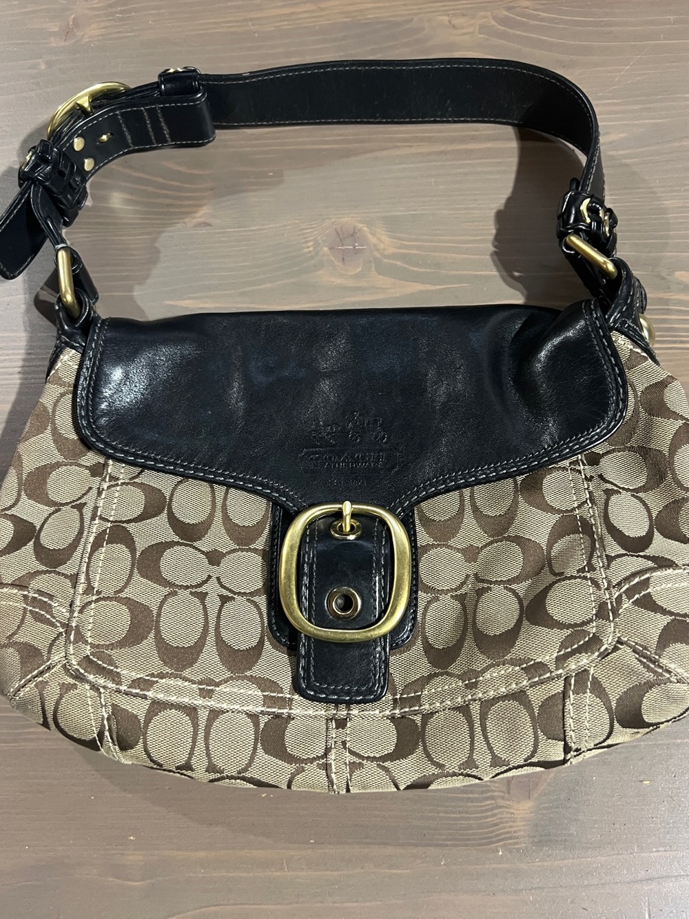 Coach Khaki Signature Canvas Shoulder Bag with Black Trim